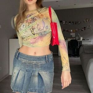 Expired Girl Alien Girl Green Sheer Mesh Ruffle Blouse Top NEW